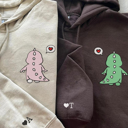 Cute Dinosaur Couple Embroidered Matching Hoodies For Couples