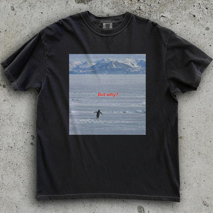 But Why Penguin Graphic T-Shirt – Funny Minimalist Hiking Tee for Outdoor Adventurers
