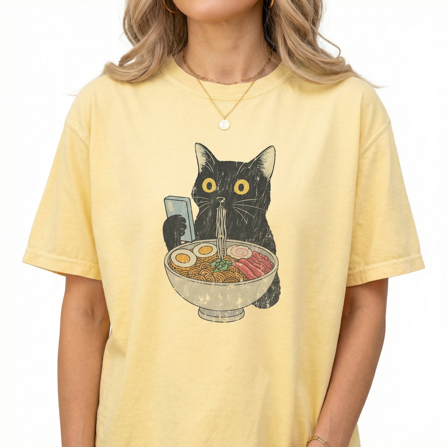 Cat Ramen Graphic T-Shirt – Funny Cat Eating Noodles Tee for Cat Lovers
