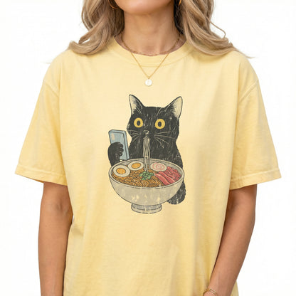 Cat Ramen Graphic T-Shirt – Funny Cat Eating Noodles Tee for Cat Lovers