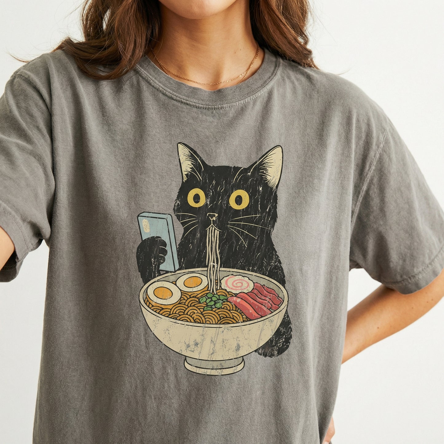 Cat Ramen Graphic T-Shirt – Funny Cat Eating Noodles Tee for Cat Lovers