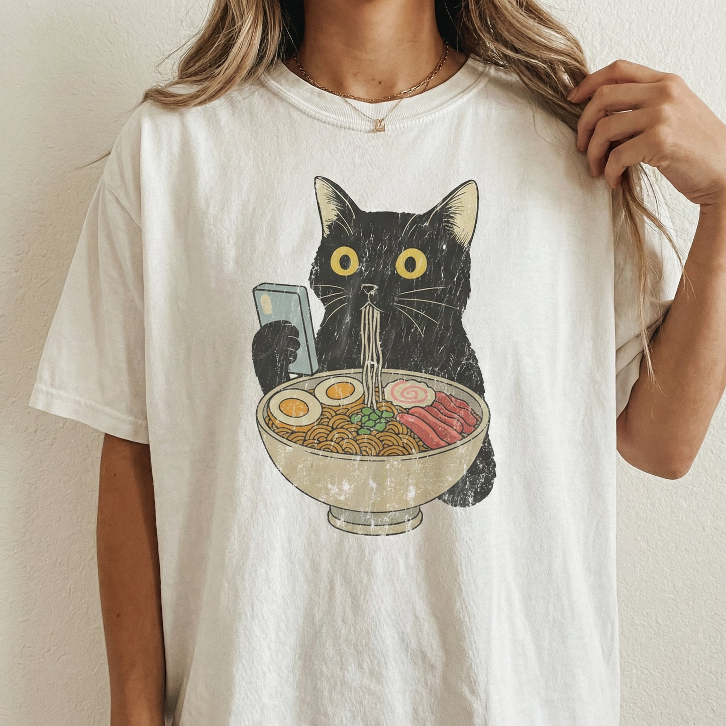 Cat Ramen Graphic T-Shirt – Funny Cat Eating Noodles Tee for Cat Lovers