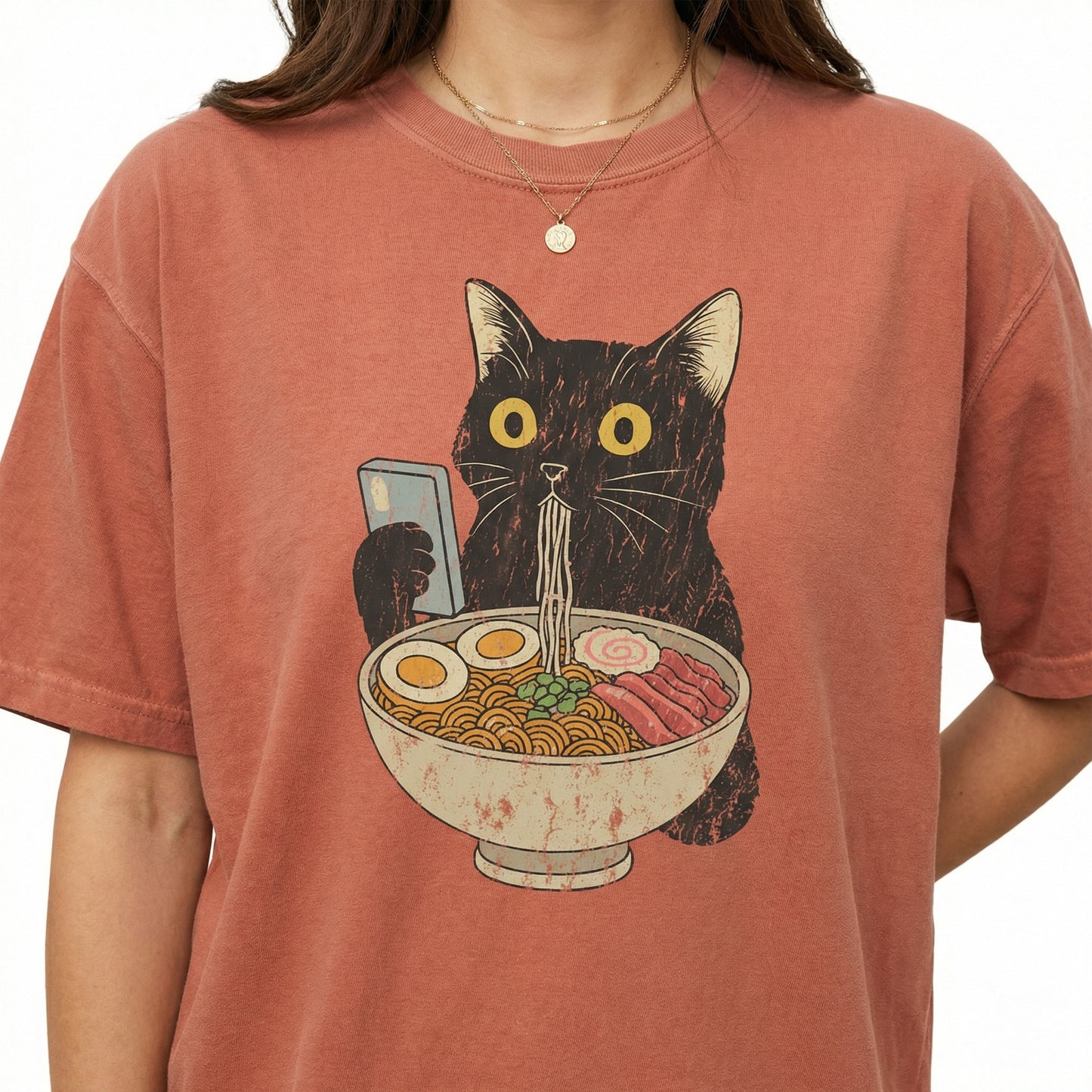 Cat Ramen Graphic T-Shirt – Funny Cat Eating Noodles Tee for Cat Lovers