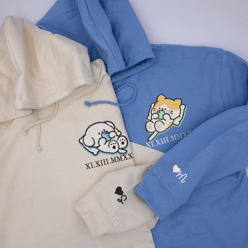 Cat x Dog Custom Roman Numeral Matching Embroidered Hoodies For Couples - Perfect for Cozy Couples Gifts