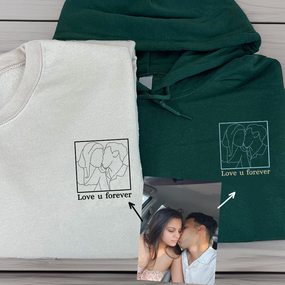 Custom Embroidered Portrait Sweatshirt for Couple, Personalized People Outline with Photo Hoodie, Embroidered Line Art Photo - Perfect for Cozy Couples Gifts