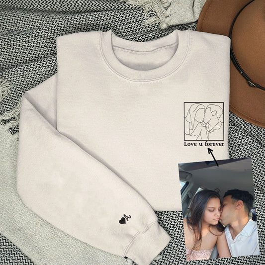 Custom Embroidered Portrait Sweatshirt for Couple, Personalized People Outline with Photo Hoodie, Embroidered Line Art Photo - Perfect for Cozy Couples Gifts