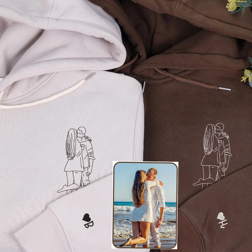 Personalized Picture Outline Hoodie Sweatshirt, Portrait Photo Couple Outline Sweatshirt, Custom Line Art Photo Hoodie - Perfect for Cozy Couples Gifts