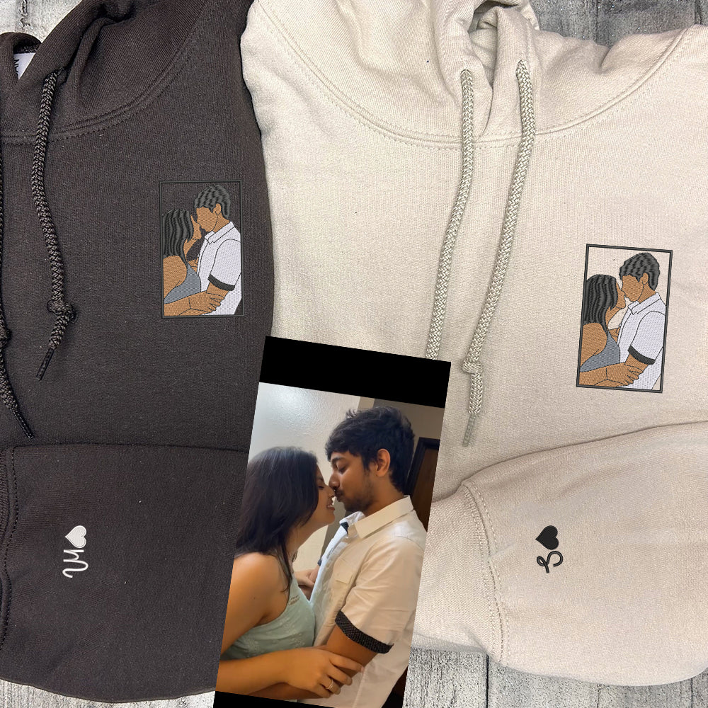 Custom Embroidered Couple Portrait Full-color Sweatshirt Hoodie, Personalized Couple Photo Sweatshirts Hoodies - Perfect for Cozy Couples Gifts