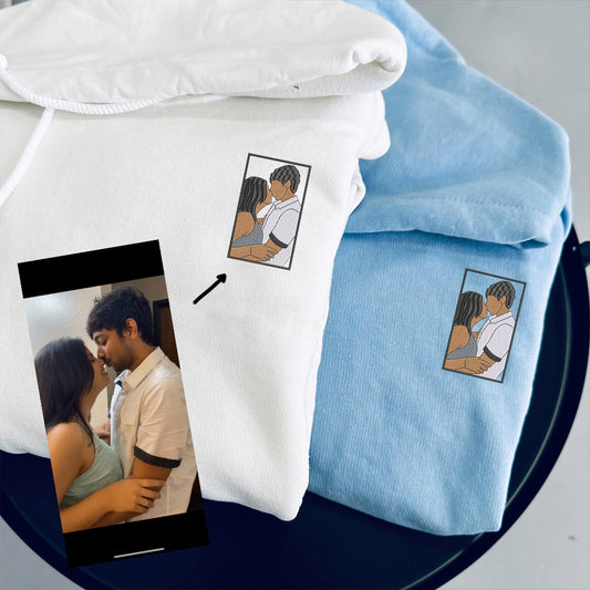 Custom Embroidered Couple Portrait Full-color Sweatshirt Hoodie, Personalized Couple Photo Sweatshirts Hoodies - Perfect for Cozy Couples Gifts