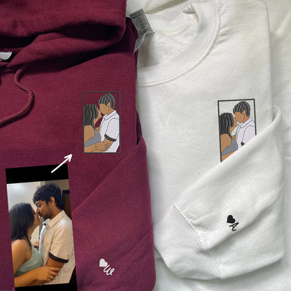 Custom Embroidered Couple Portrait Full-color Sweatshirt Hoodie, Personalized Couple Photo Sweatshirts Hoodies - Perfect for Cozy Couples Gifts