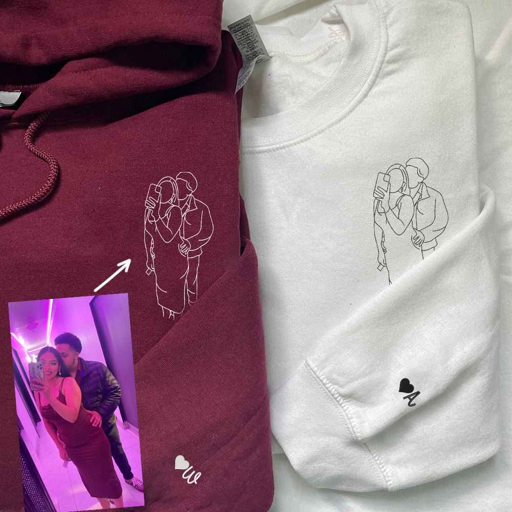 Embroidered Photo Sweatshirt, Customized Photo Crewneck, Unique Embroidered Photo Outline, Special Couple Portrait Gift