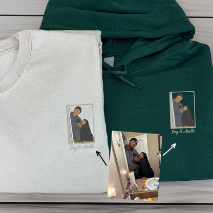 Customized Couple Embroidered Sweatshirt, Personalized Wedding Portrait Hoodie, Couples Matching Embroidered Sweatshirts