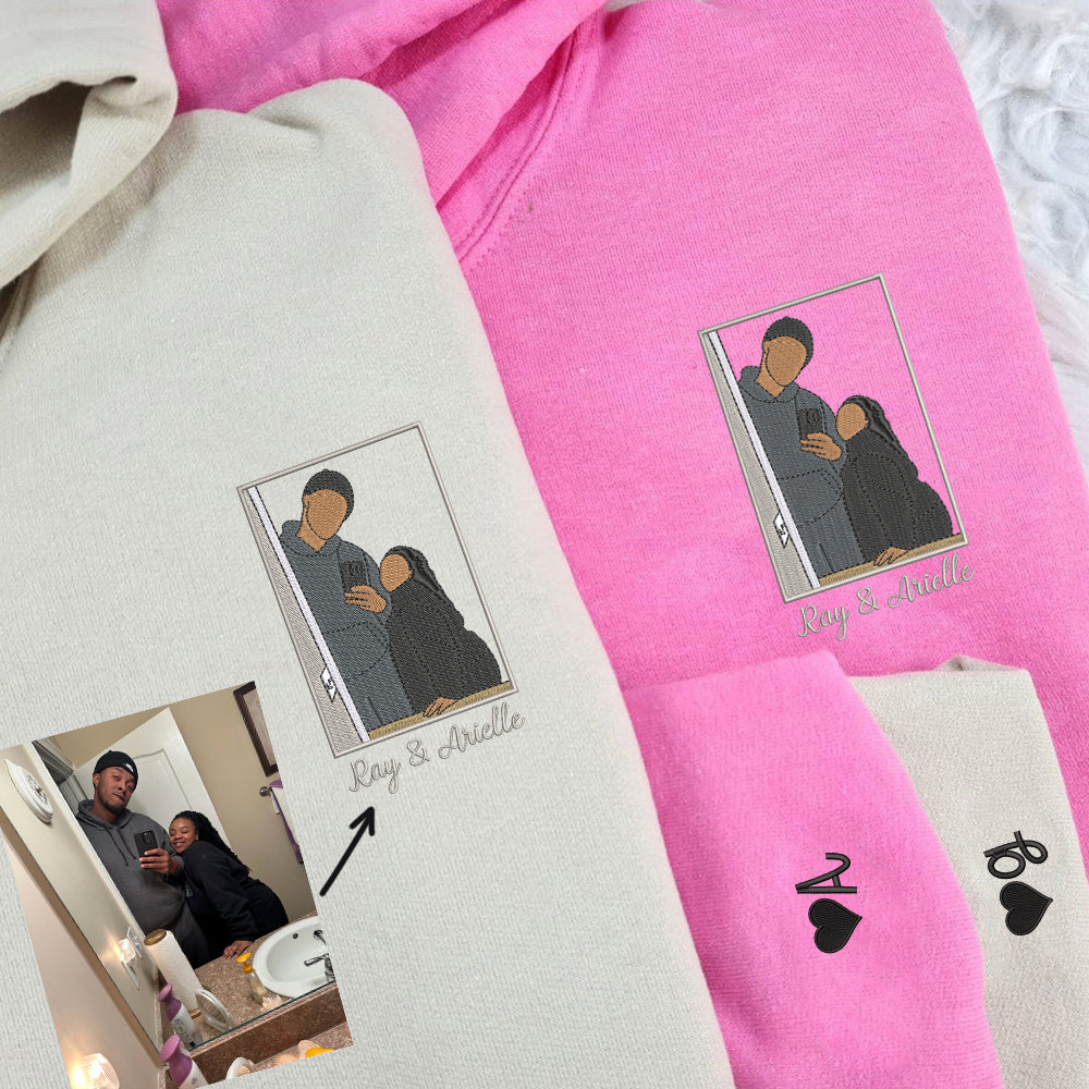 Customized Couple Embroidered Sweatshirt, Personalized Wedding Portrait Hoodie, Couples Matching Embroidered Sweatshirts