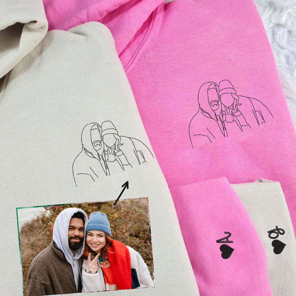 Custom Couple Portrait Embroidered Sweatshirt, Wedding Portrait Hoodie, Matching Couple Sweatshirts, Perfect Wedding Gift for Couples