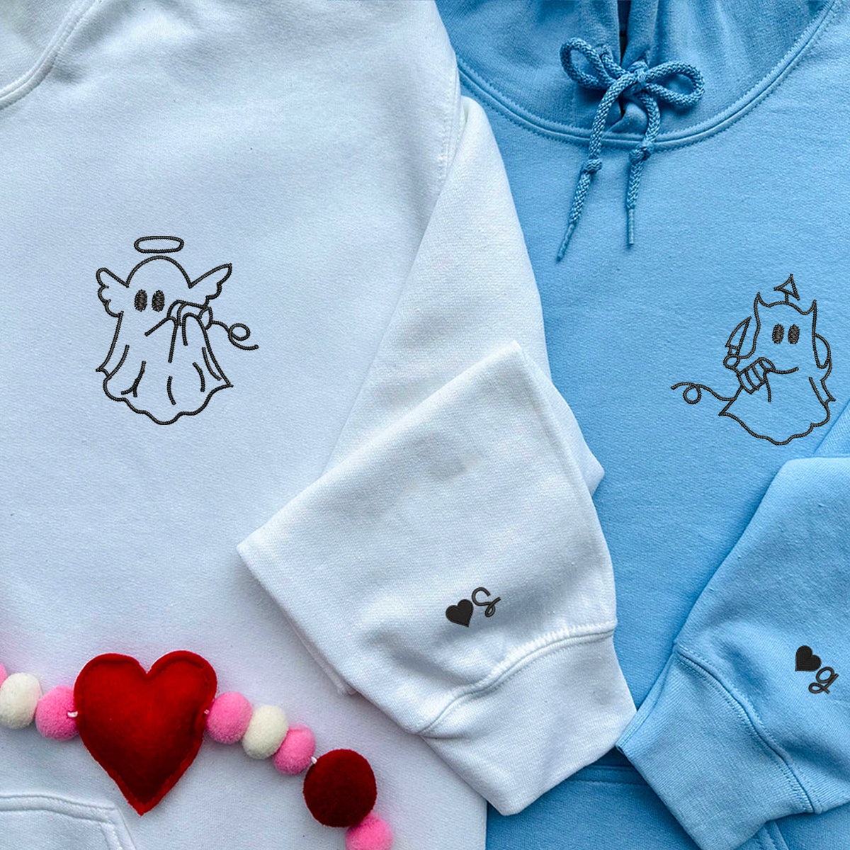 Angel and Devil Ghost Matching Hoodies for Couples - Custom Embroidered Sweatshirts