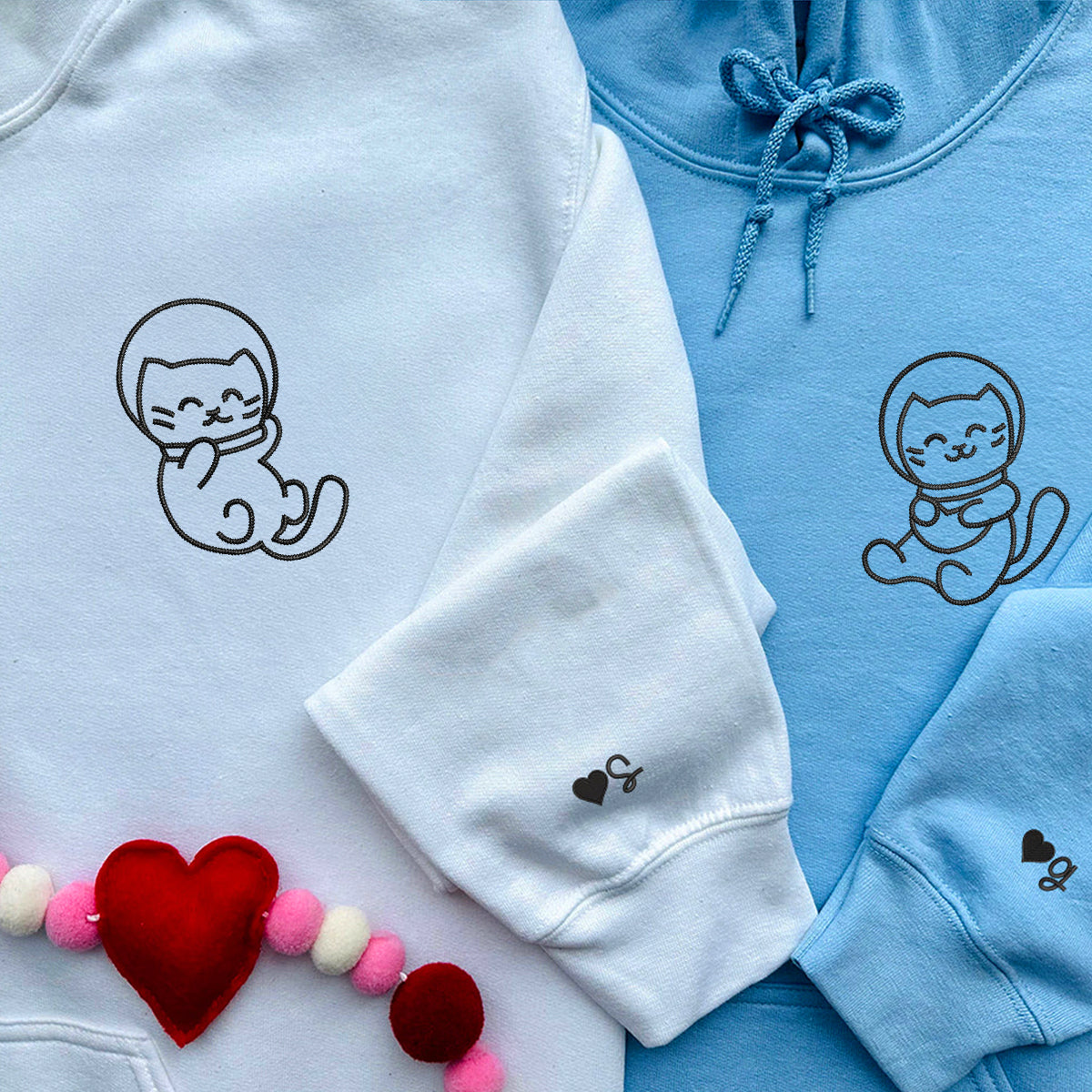 Astronaut Kitties Matching Hoodies for Couples - Custom Embroidered Couple Sweatshirts