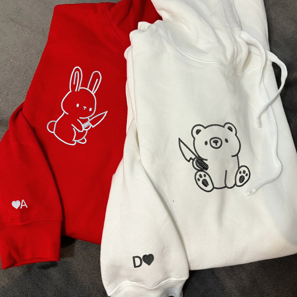 Bear and Rabbit Matching Hoodies for Couples - Custom Embroidered Couple Sweatshirts