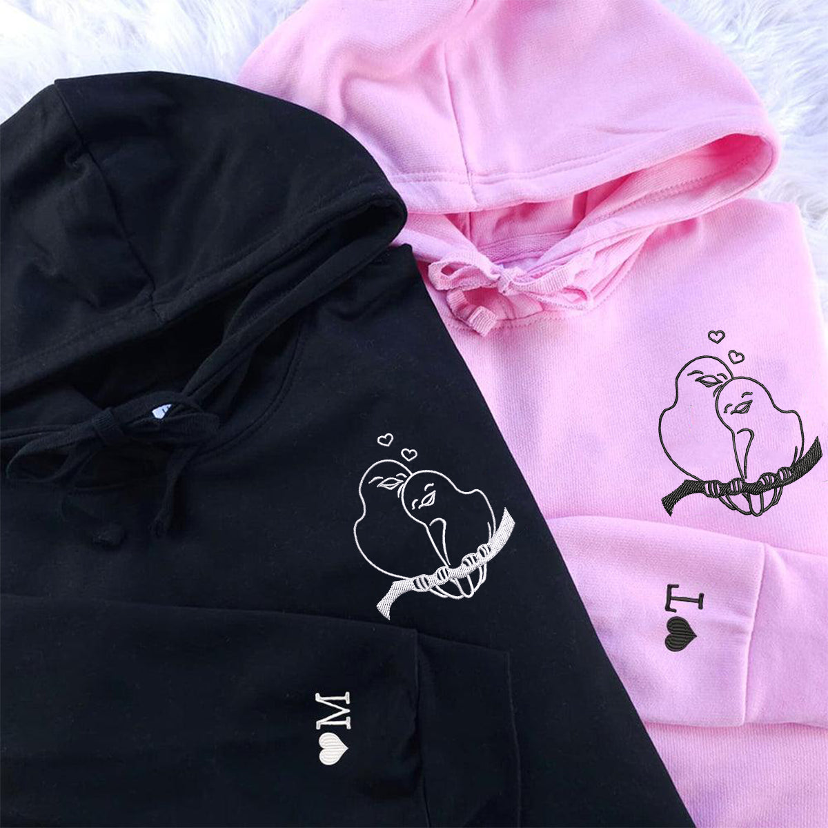 Birds in Love Matching Hoodies for Couples - Custom Embroidered Sweatshirts