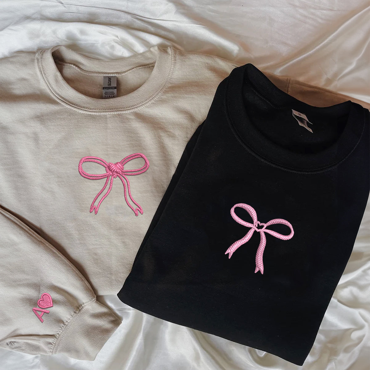 Bow Ribbon Heart Matching Hoodies for Couples - Custom Embroidered Couple Sweatshirts