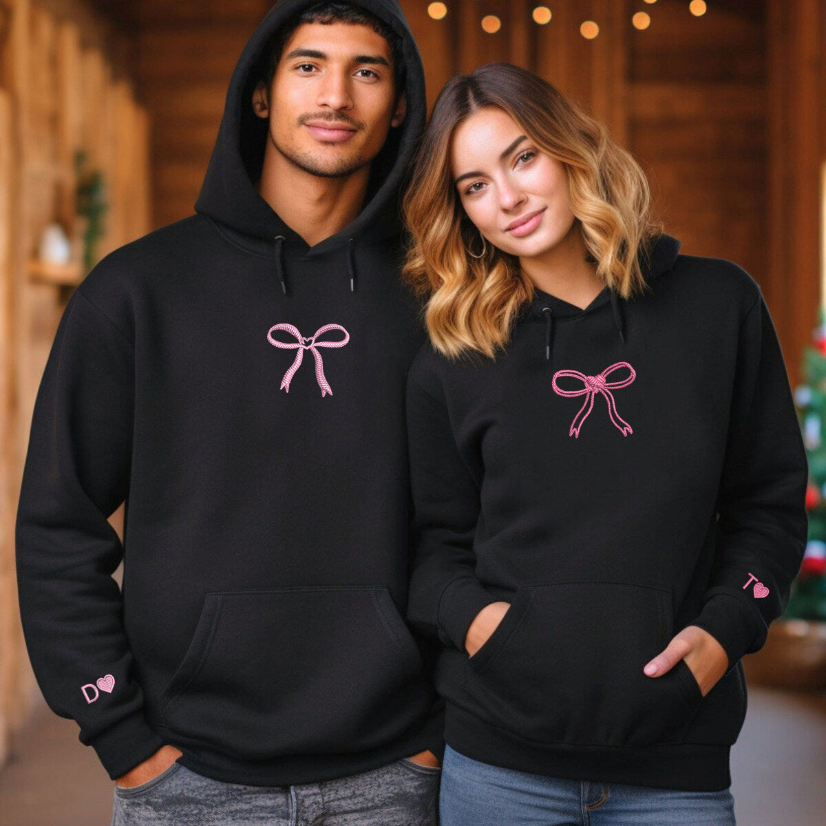 Bow Ribbon Heart Matching Hoodies for Couples - Custom Embroidered Couple Sweatshirts