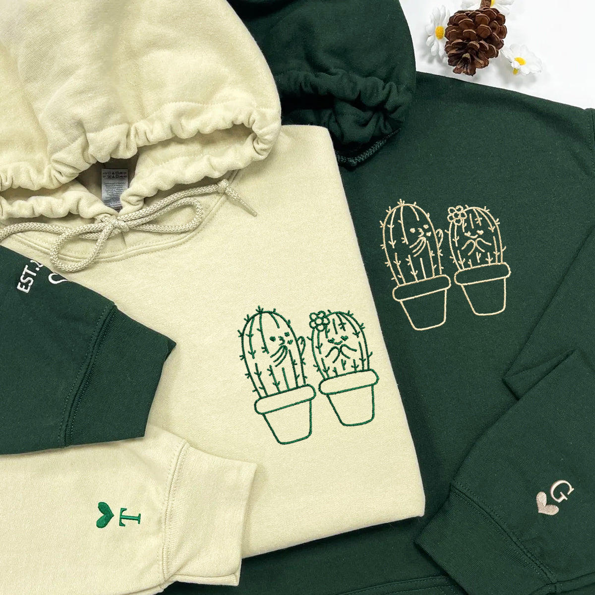 Cactus Matching Hoodies for Couples - Custom Embroidered Couple Sweatshirts