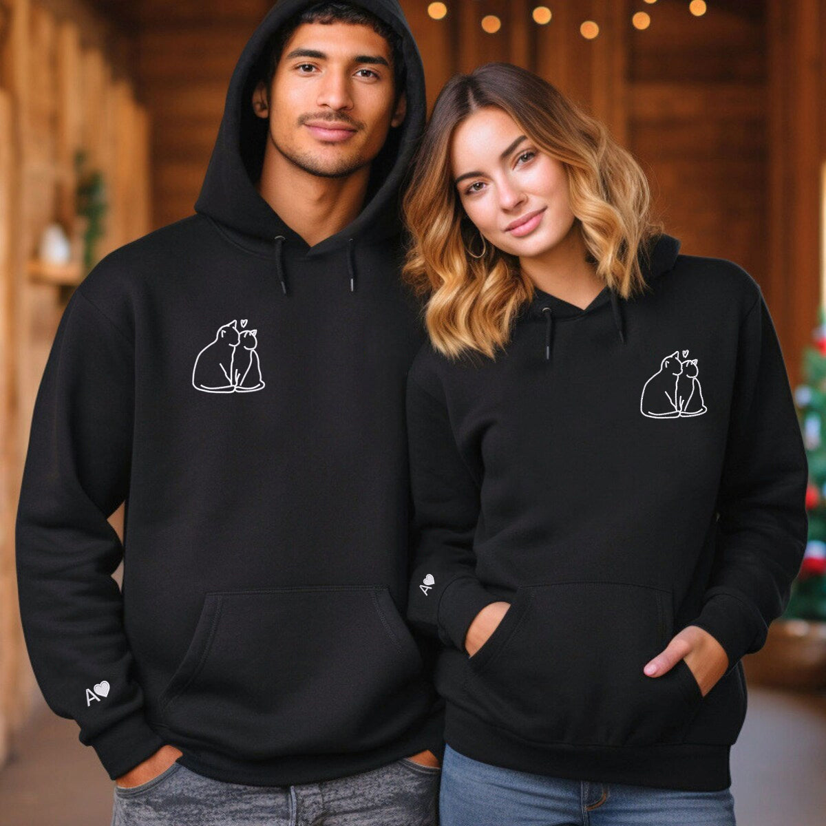 Cat Love Matching Hoodies for Couples - Custom Embroidered Couple Sweatshirts