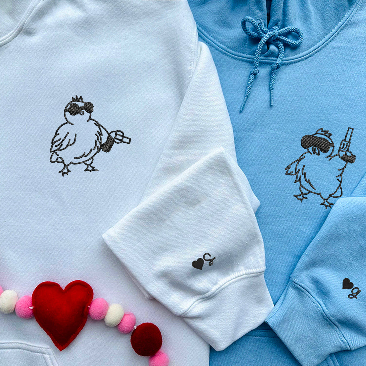 Chicken with Gun Matching Hoodies for Couples - Custom Embroidered Sweatshirts