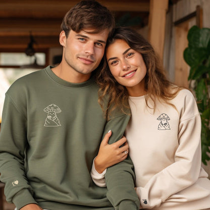 Coffee Drinking Mushroom Matching Hoodies for Couples - Custom Embroidered Sweatshirts