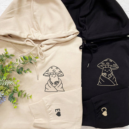 Coffee Drinking Mushroom Matching Hoodies for Couples - Custom Embroidered Sweatshirts