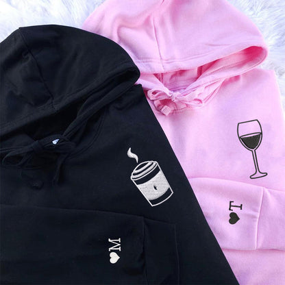 Coffee and Wine Matching Hoodies for Couples - Custom Embroidered Couple Sweatshirts