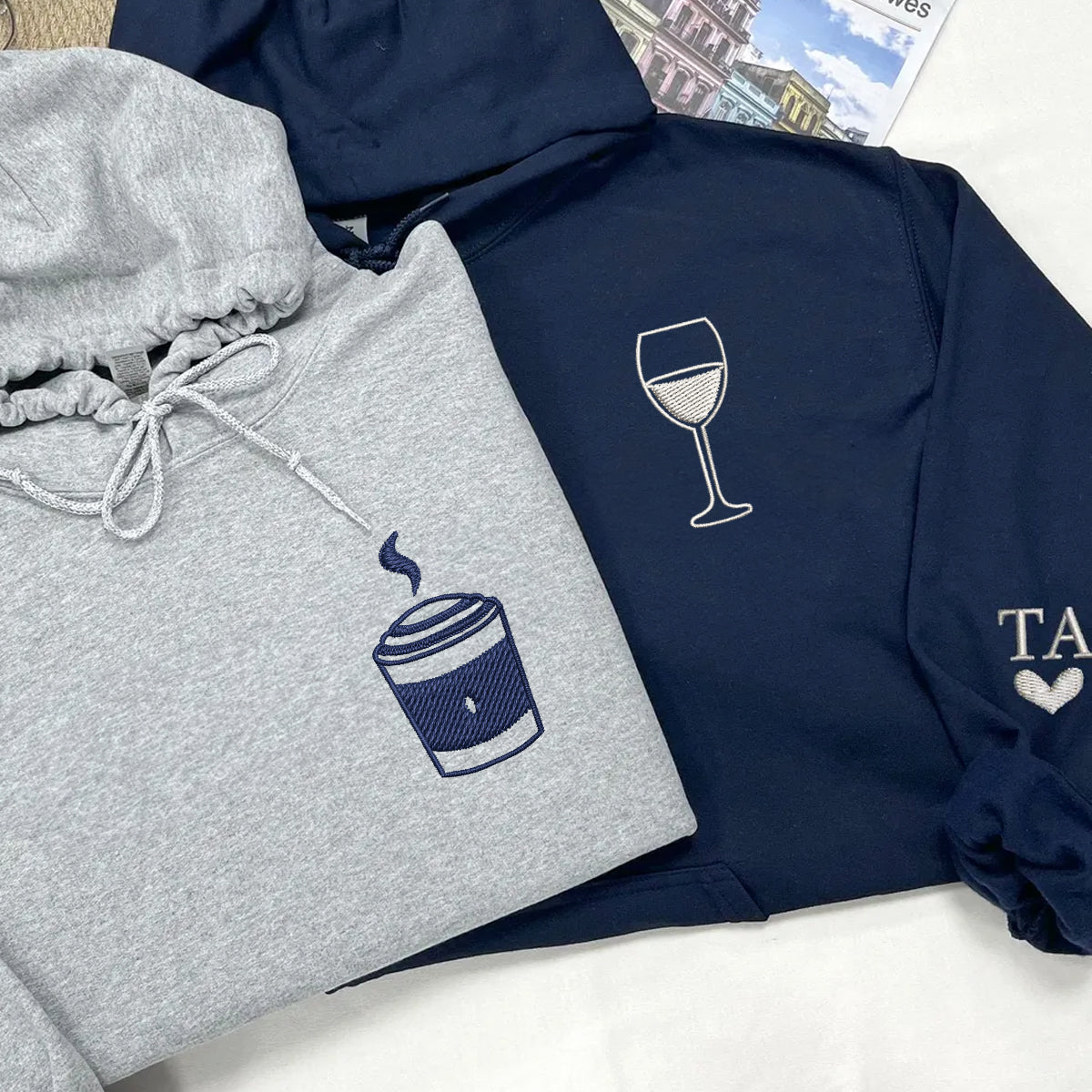 Coffee and Wine Matching Hoodies for Couples - Custom Embroidered Couple Sweatshirts