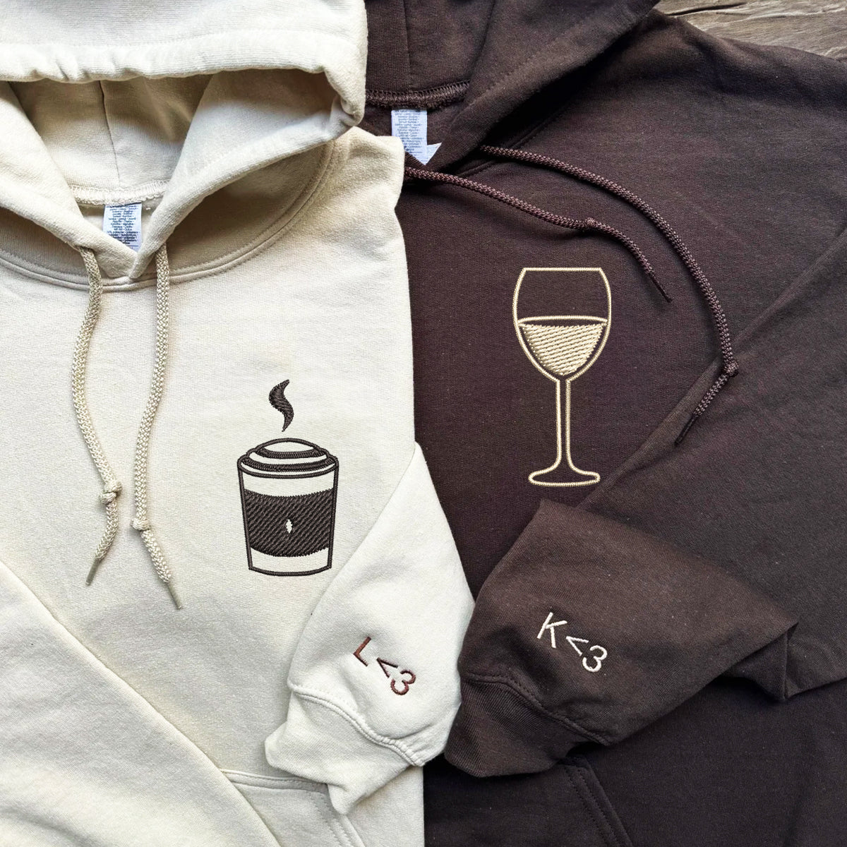 Coffee and Wine Matching Hoodies for Couples - Custom Embroidered Couple Sweatshirts