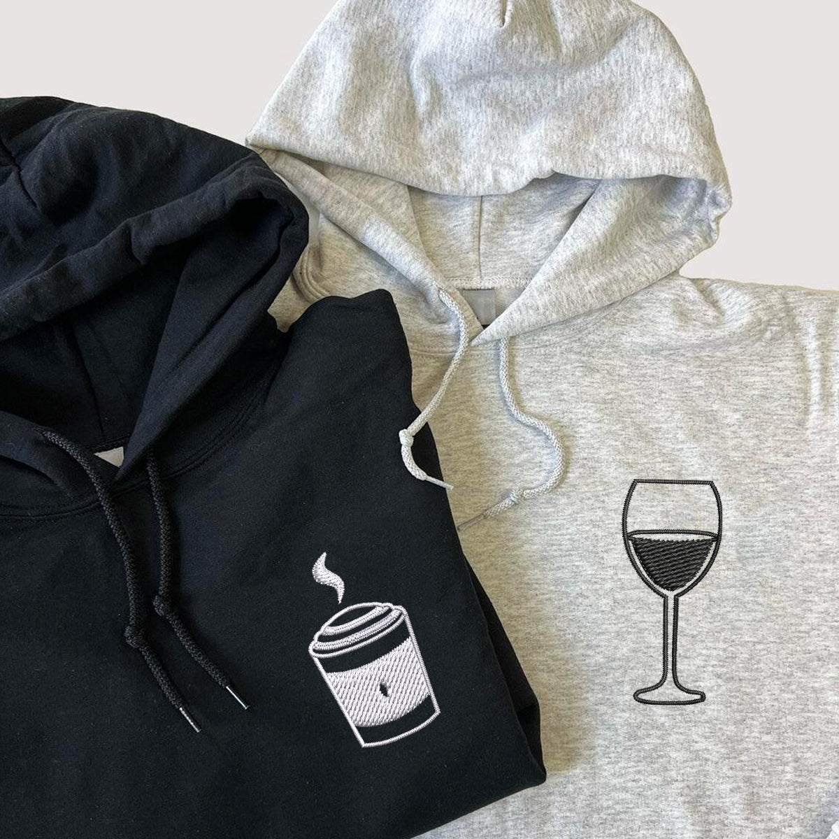 Coffee and Wine Matching Hoodies for Couples - Custom Embroidered Couple Sweatshirts