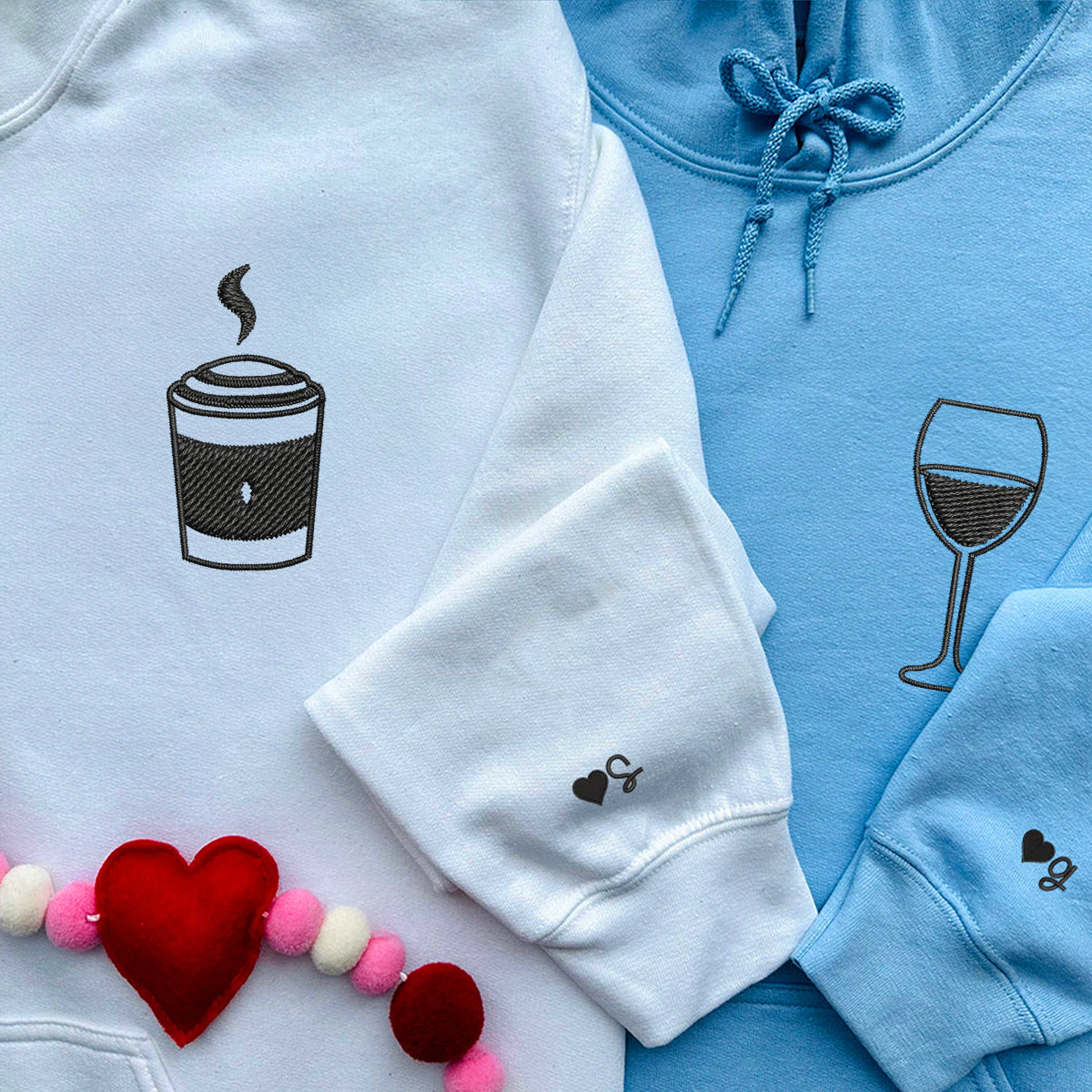 Coffee and Wine Matching Hoodies for Couples - Custom Embroidered Couple Sweatshirts