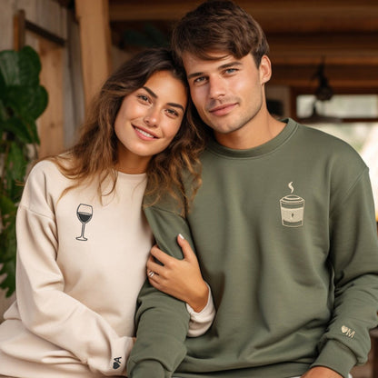 Coffee and Wine Matching Hoodies for Couples - Custom Embroidered Couple Sweatshirts