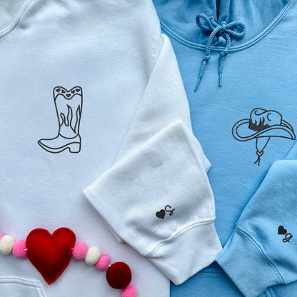 Cowboy Boots and Hat Matching Hoodies for Couples - Custom Embroidered Sweatshirts