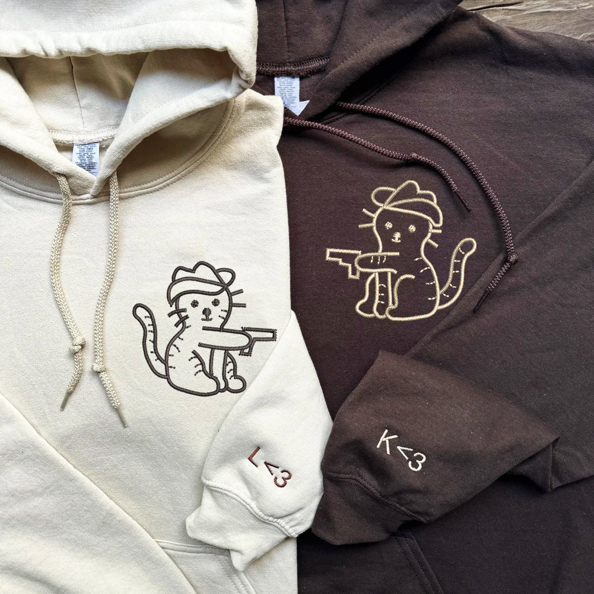 Cowboy Cat Guns Matching Hoodies for Couples - Custom Embroidered Sweatshirts