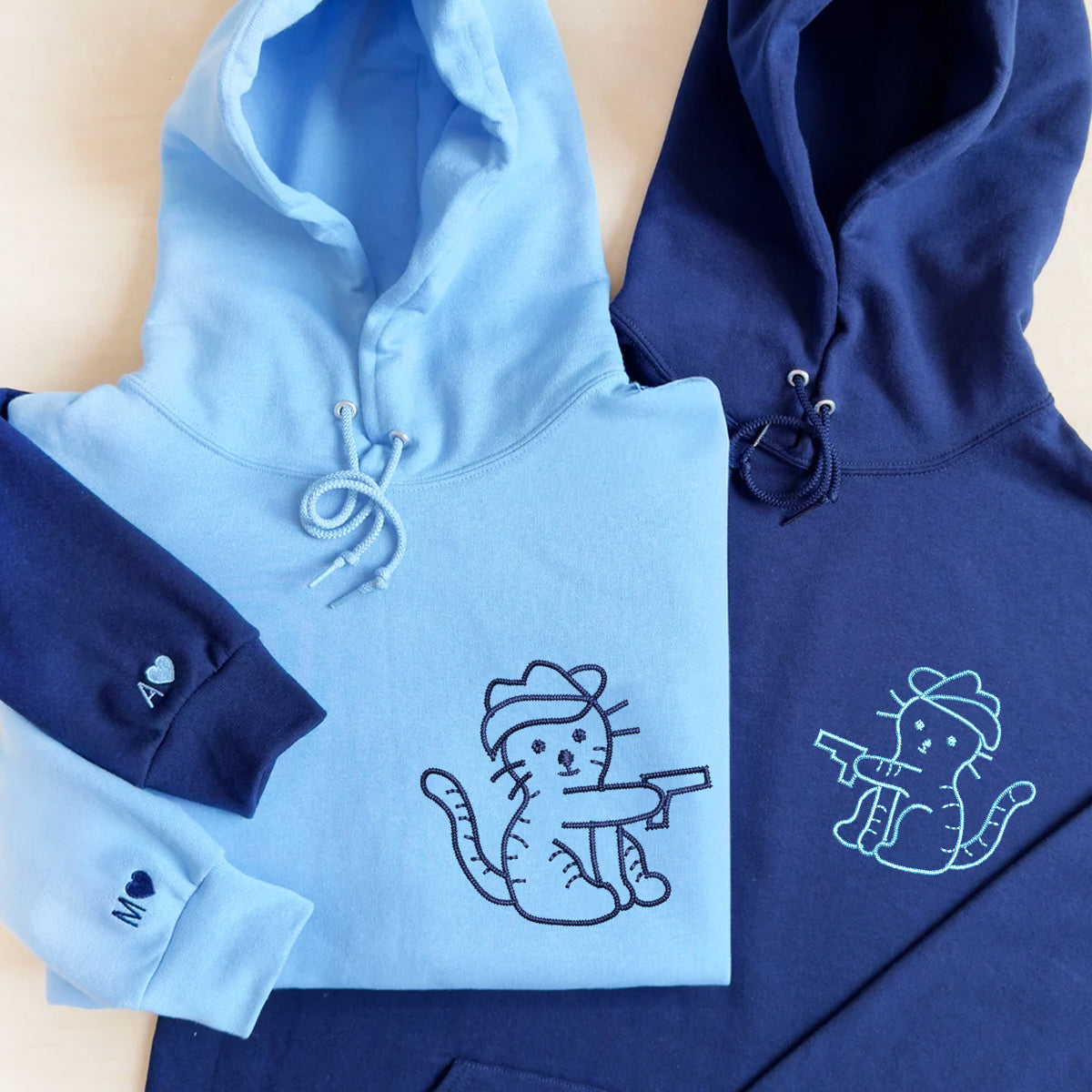 Cowboy Cat Guns Matching Hoodies for Couples - Custom Embroidered Sweatshirts