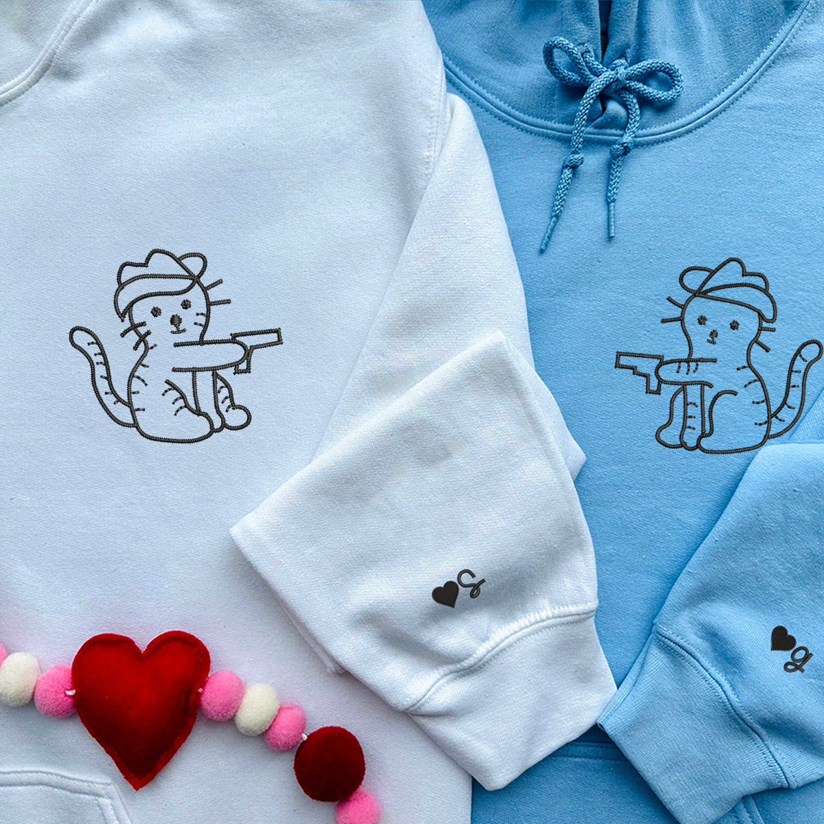 Cowboy Cat Guns Matching Hoodies for Couples - Custom Embroidered Sweatshirts