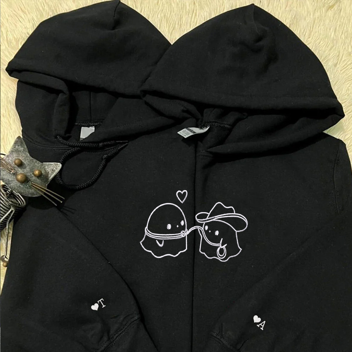 Cowboy Ghost Love Matching Hoodies for Couples - Custom Embroidered Sweatshirts