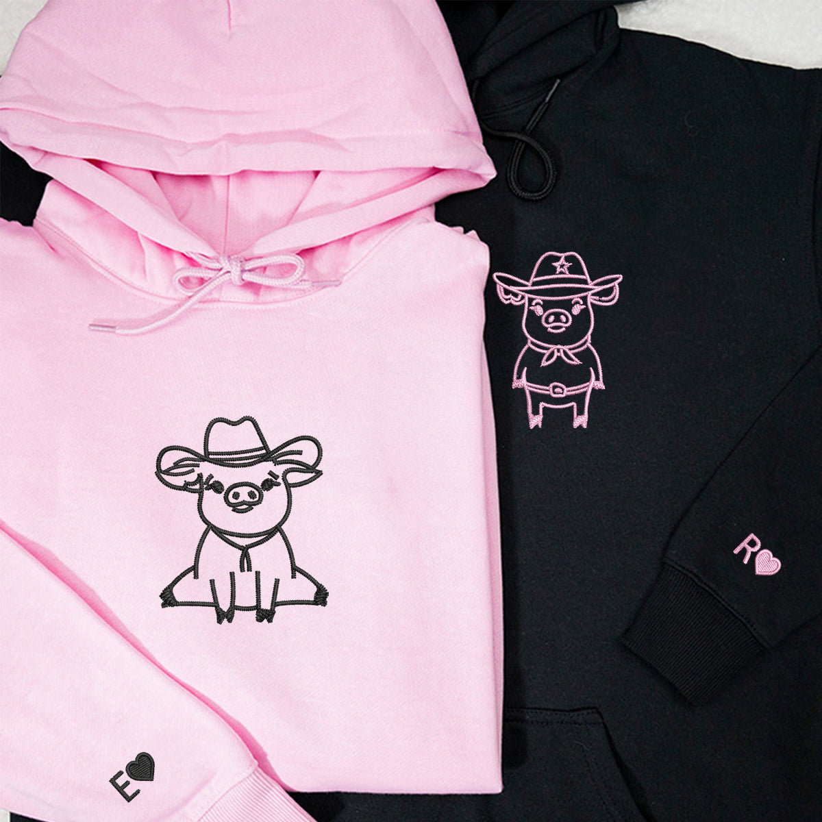 Cowboy Pigs Matching Hoodies for Couples - Custom Embroidered Sweatshirts