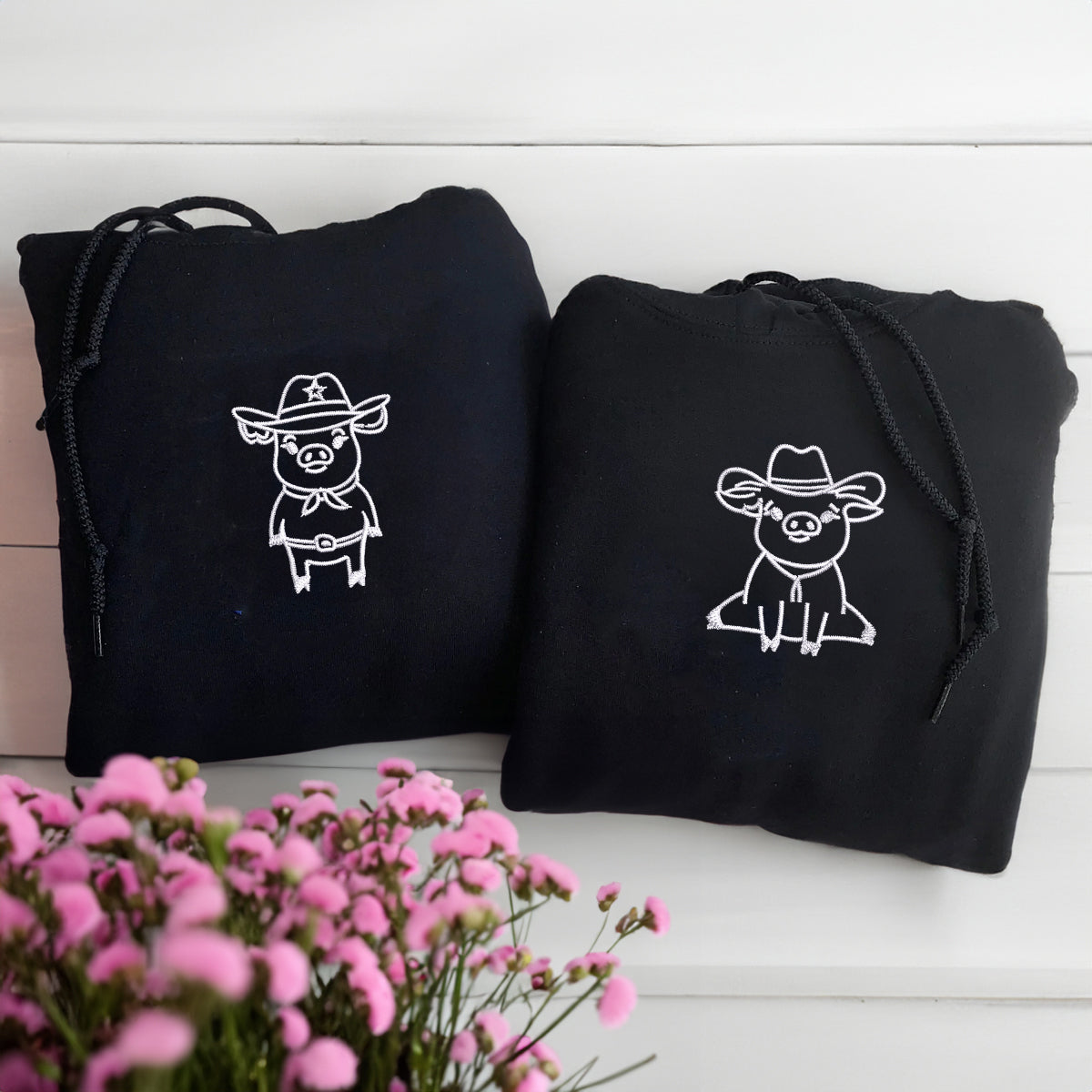 Cowboy Pigs Matching Hoodies for Couples - Custom Embroidered Sweatshirts