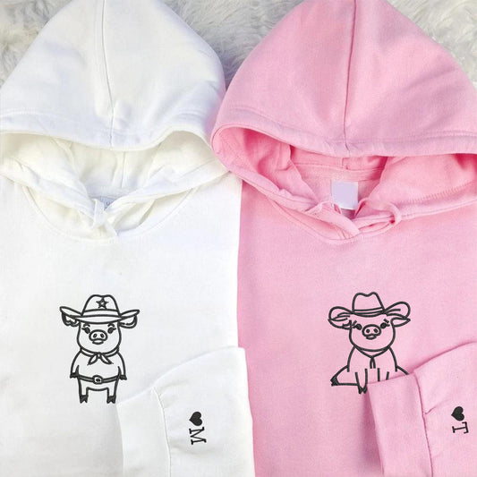 Cowboy Pigs Matching Hoodies for Couples - Custom Embroidered Sweatshirts