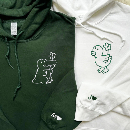 Crocodile and Duck Matching Hoodies for Couples - Custom Embroidered Sweatshirts