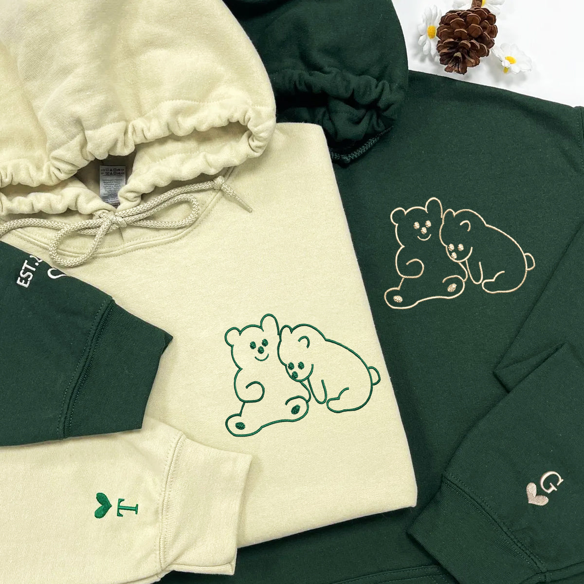 Cute Bear Love Matching Hoodies for Couples - Custom Embroidered Sweatshirts