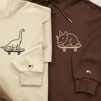 Cute Dinosaurs Skaters Matching Hoodies for Couples - Custom Embroidered Sweatshirts