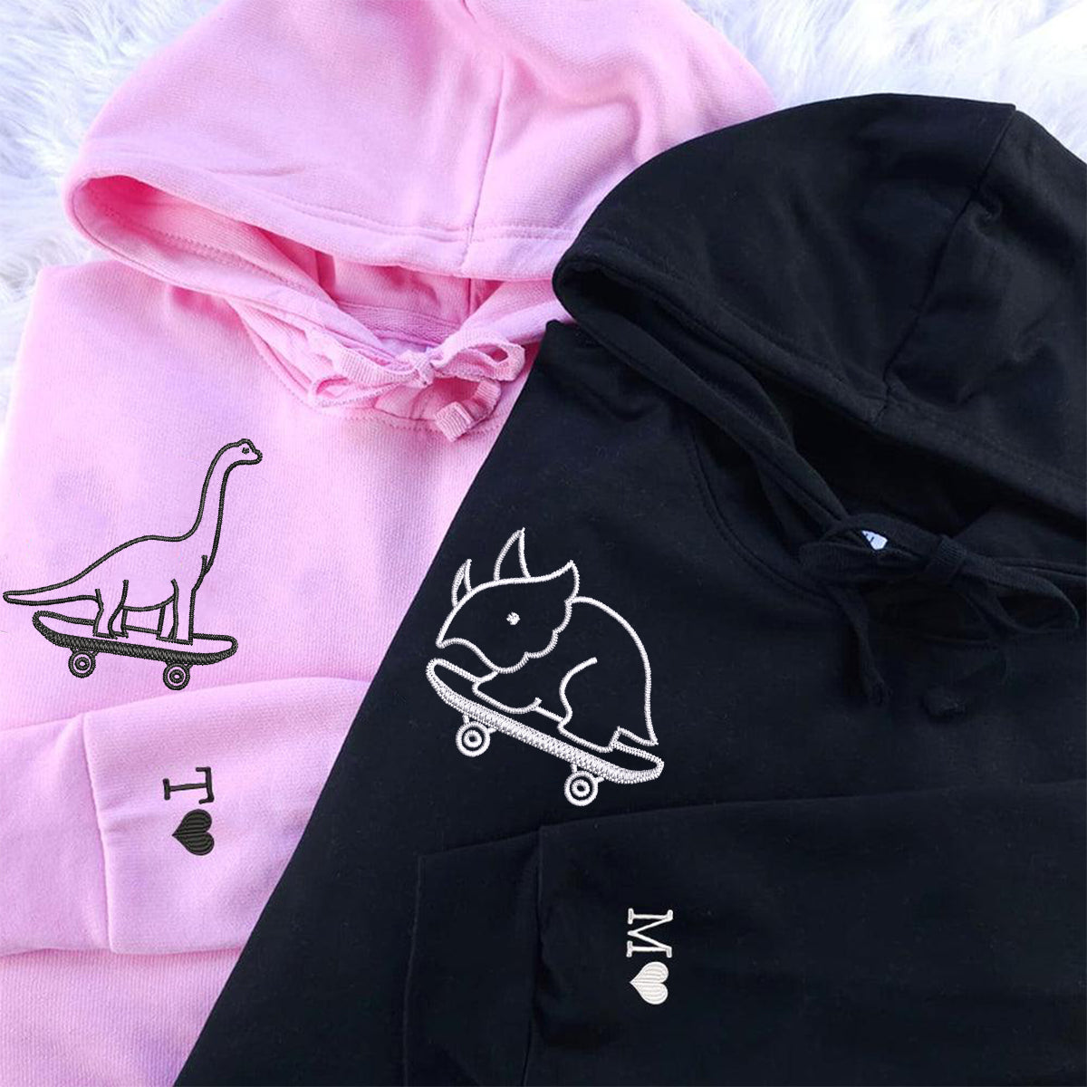 Cute Dinosaurs Skaters Matching Hoodies for Couples - Custom Embroidered Sweatshirts