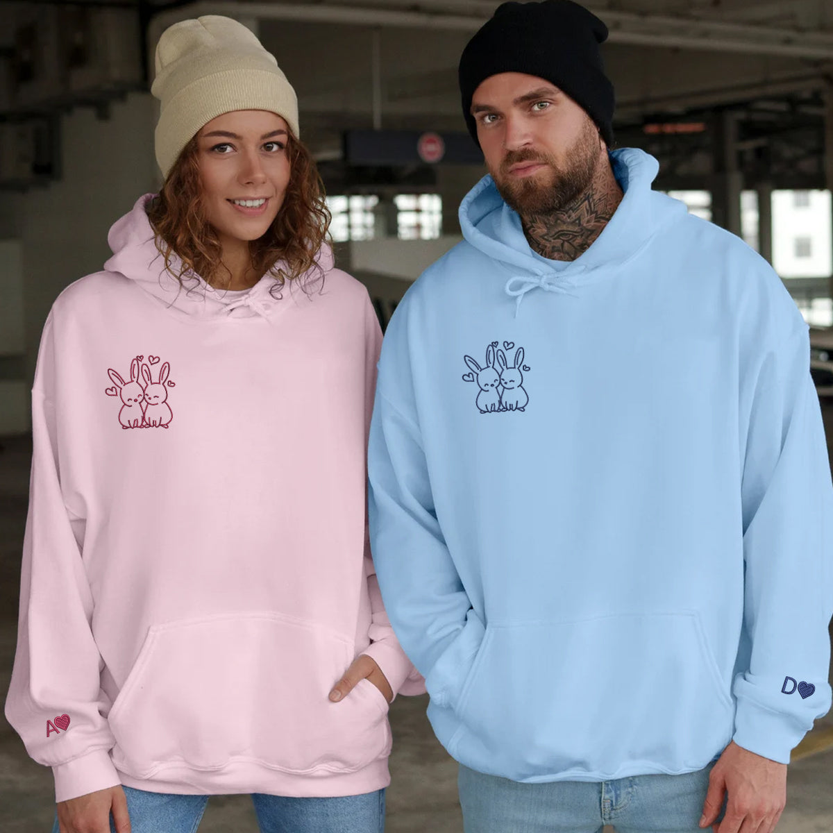 Cute Rabbit Love Matching Hoodies for Couples - Custom Embroidered Sweatshirts