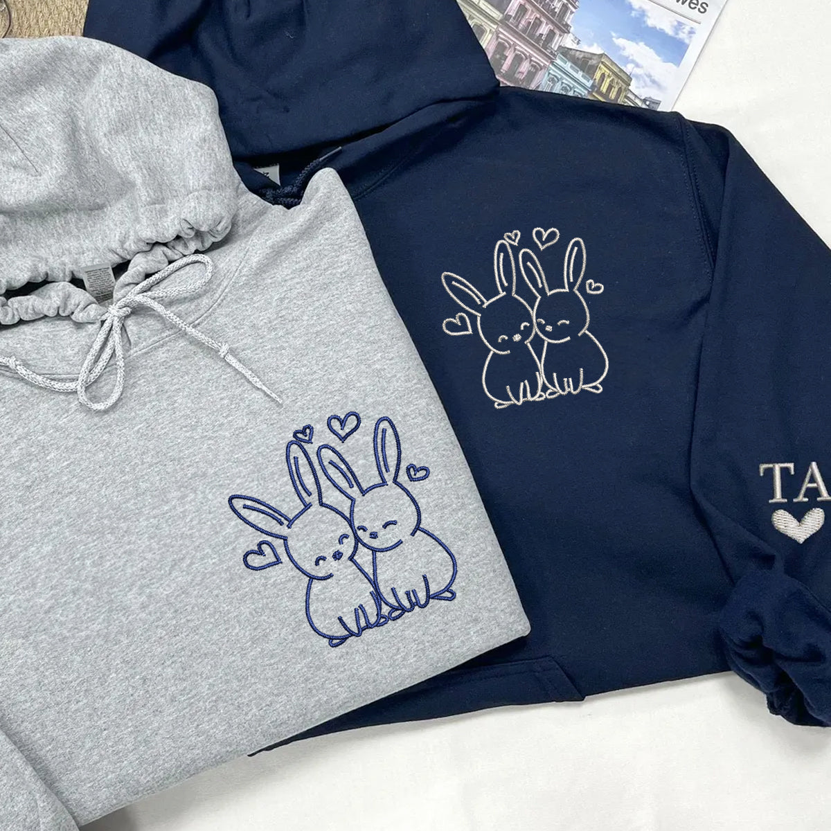 Cute Rabbit Love Matching Hoodies for Couples - Custom Embroidered Sweatshirts