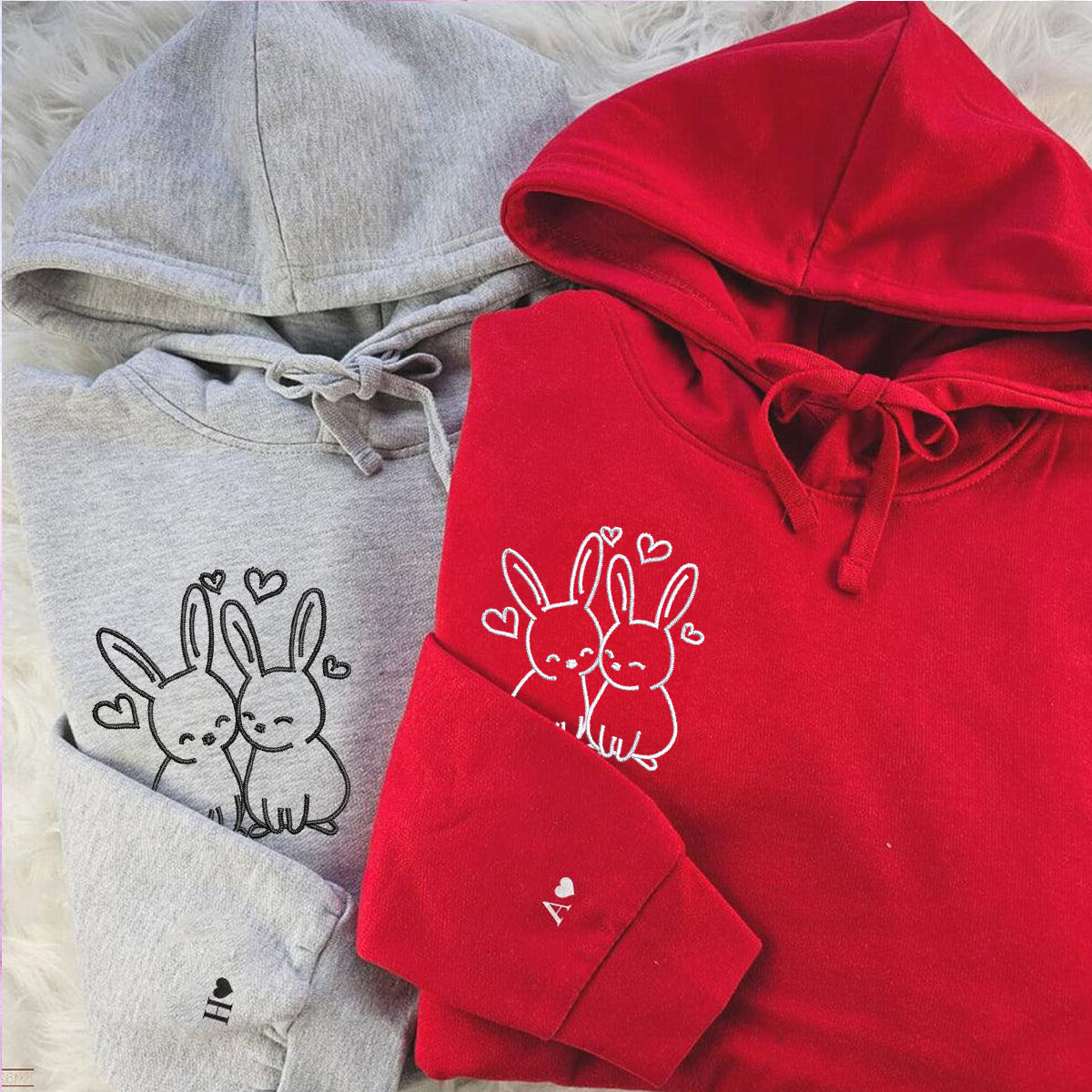 Cute Rabbit Love Matching Hoodies for Couples - Custom Embroidered Sweatshirts